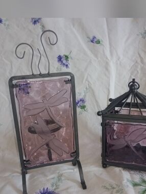 Vintage PartyLite Dragonfly Pink Glass Panel Candle Holder And Lantern Set